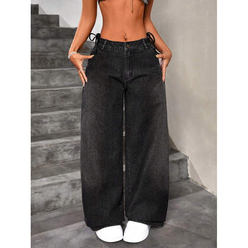 Damen Retro Capri-Jeans mit weitem Bein – Hoher Bund Locker geschnittener schwarzer Denim