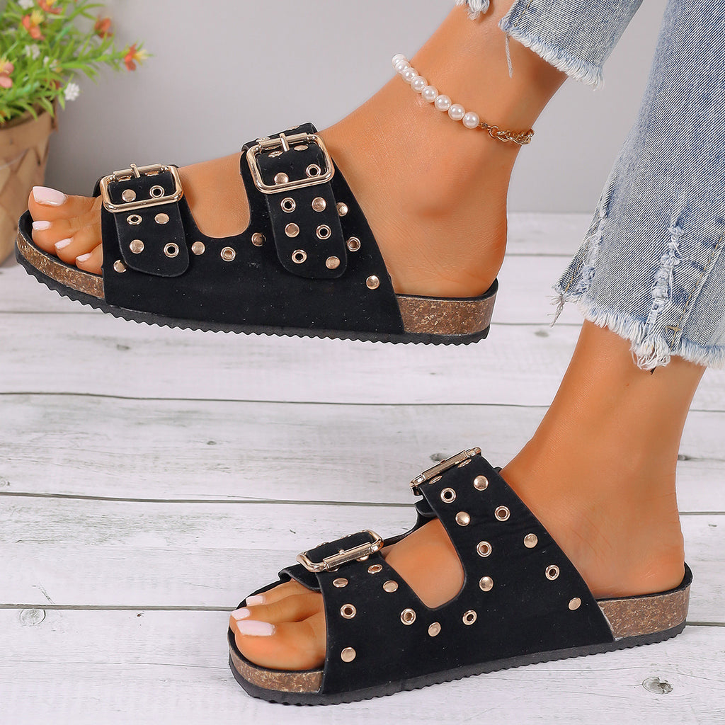 Women's Buckle Strap Thick-Sole Sandals PU – Black | AdriaPulse