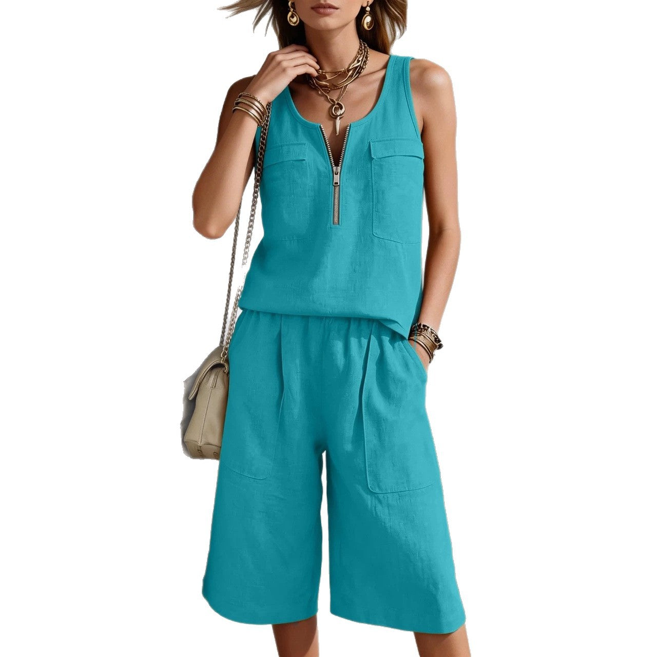 Women's Sleeveless Tank Top & Capri Pants Casual Two-Piece Set Beige – AdriaPulse