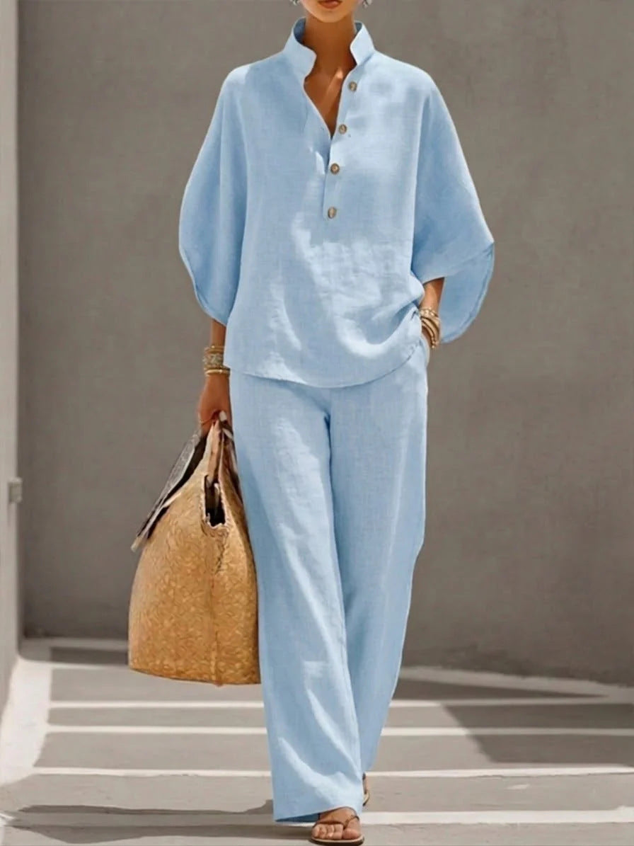 Women's Short Sleeve Top & Straight-Leg Trousers Two-Piece Suit – Casual Linen-Look Co-Ord Set