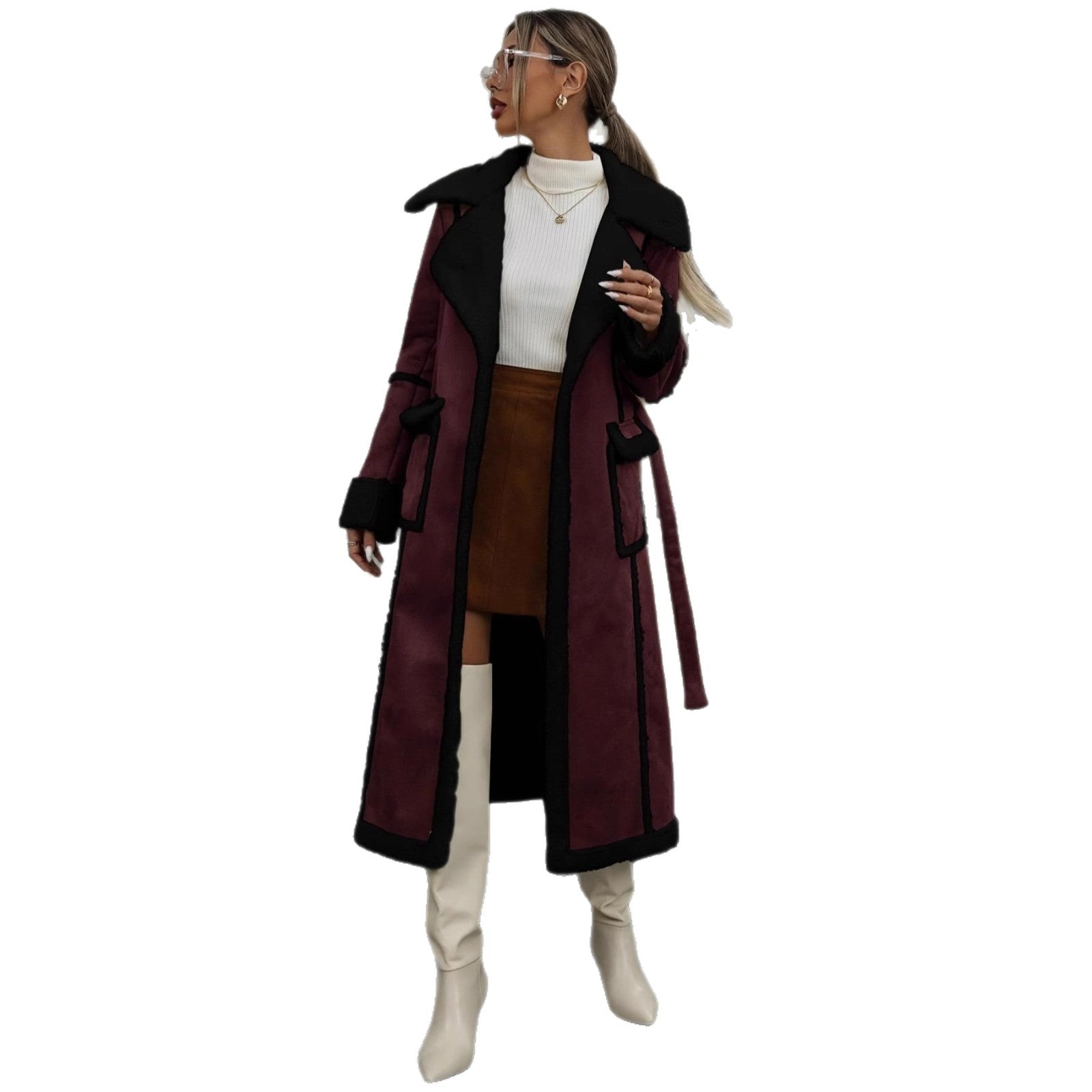 Langer Lammwollmantel mit Pelzkragen & Fleece-Futter