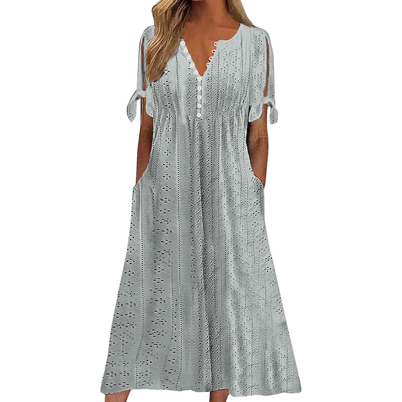 Women's Eyelet V-Neck Maxi Dress – Short Sleeve Flowy A-Line Summer Beach Dress