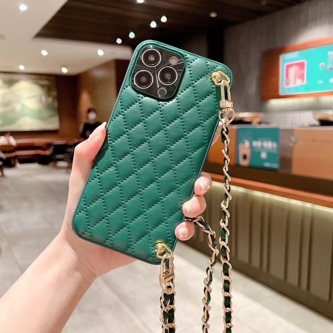Diamond Plaid Crossbody iPhone Case – Faux Leather Wallet Case with Chain Strap