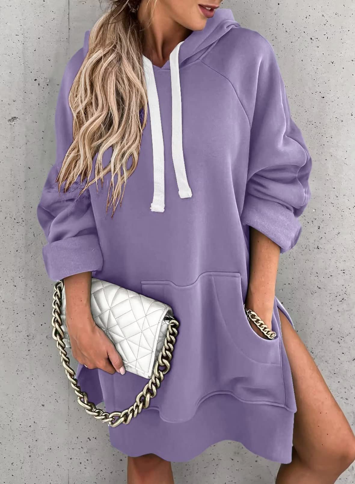 Damen Kapuzenpullover mit Taschen Mode Lässiger Split Mittellanger Pullover Kordelzug Oberteile