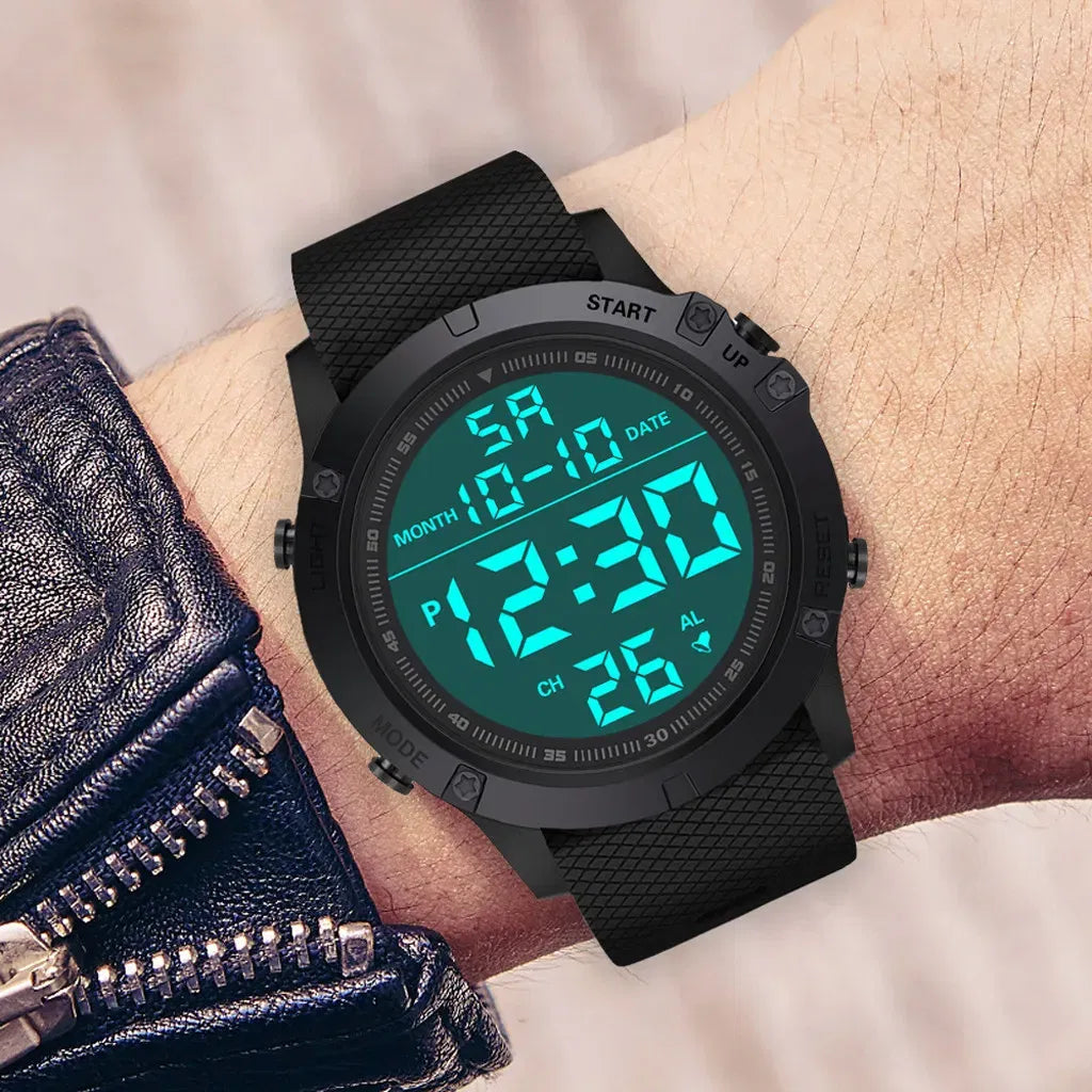 Men's Waterproof Digital Military Tactical LED Sports Watch Wristwatch Black Front View – AdriaPulse