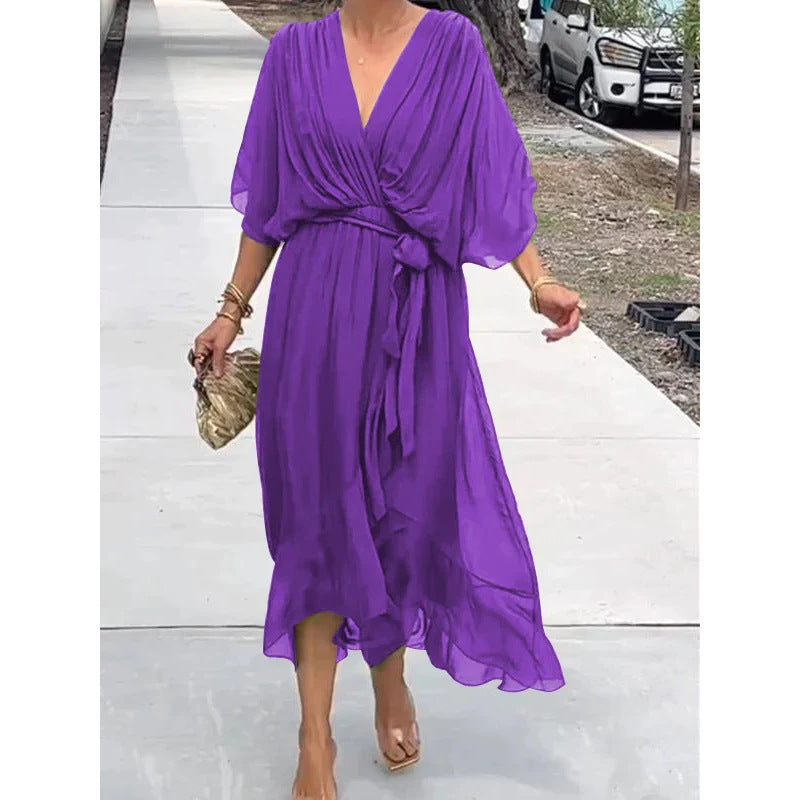 Batwing Sleeve V-Neck Midi Dress Flowy Tied Fairy Dress Women AdriaPulse
