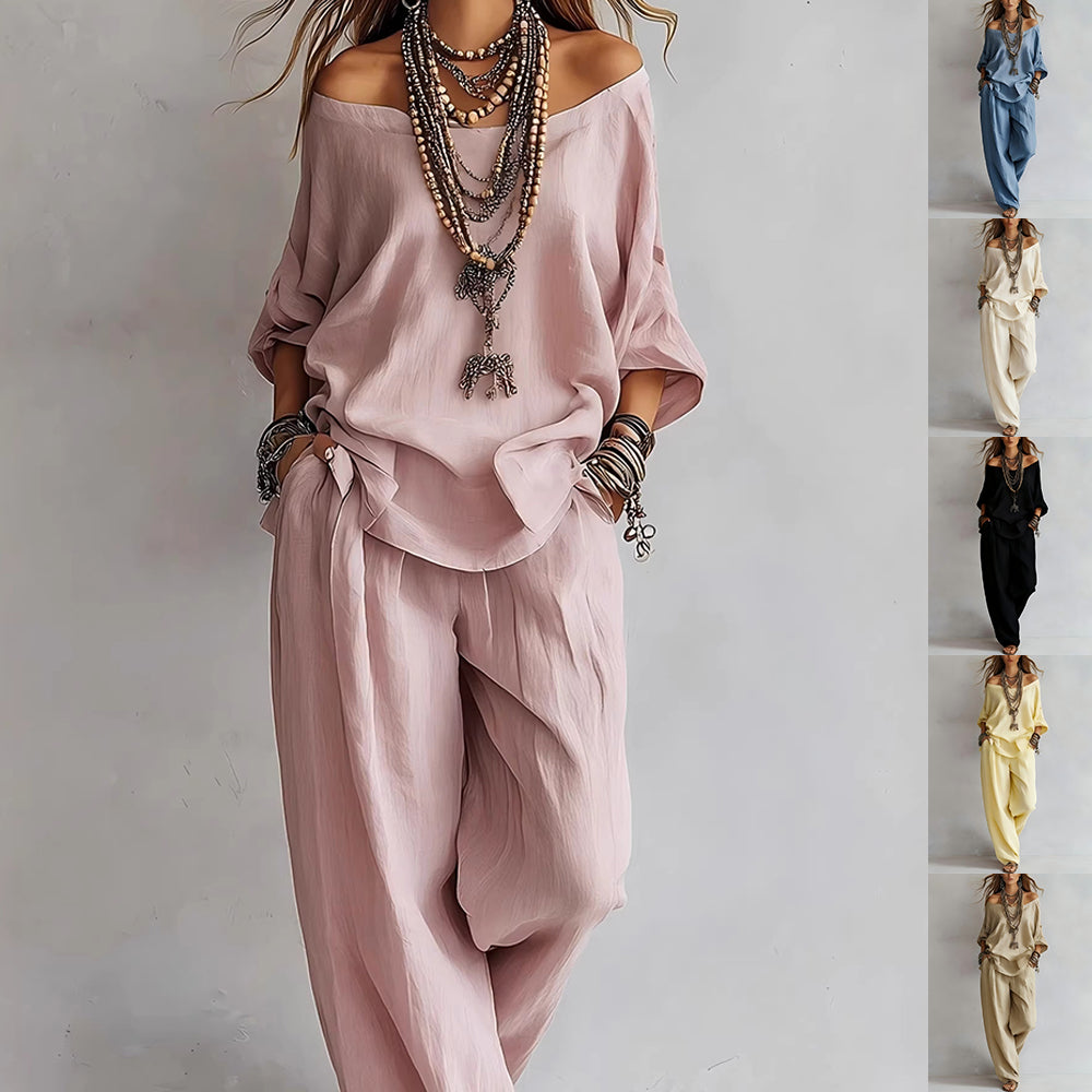Women's Off-Shoulder Three-Quarter Sleeve Top Wide-Leg Pants Set Minimalist Street Fashion Co-Ord – AdriaPulse
