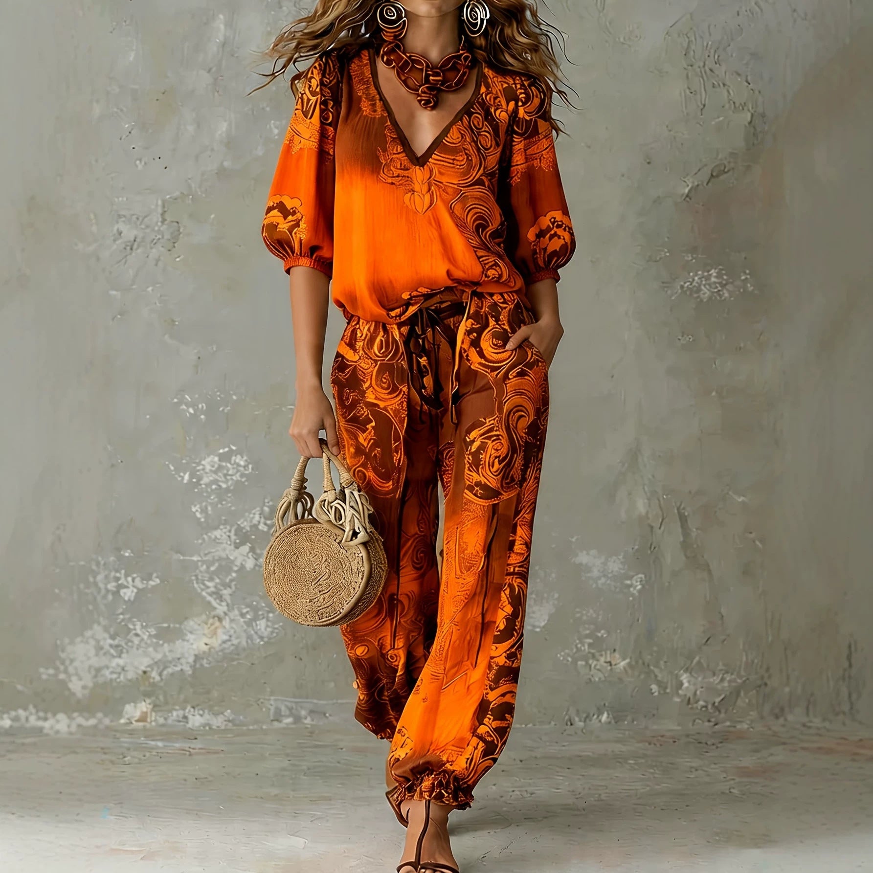  Women's Retro Printed V-Neck Puff Sleeve Top Jogger Pants Set 2-Piece – | AdriaPulse