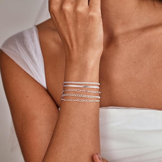 Women's 14K Silver Plated Dainty Bracelet Set – 5pcs Adjustable Stackable Bracelets