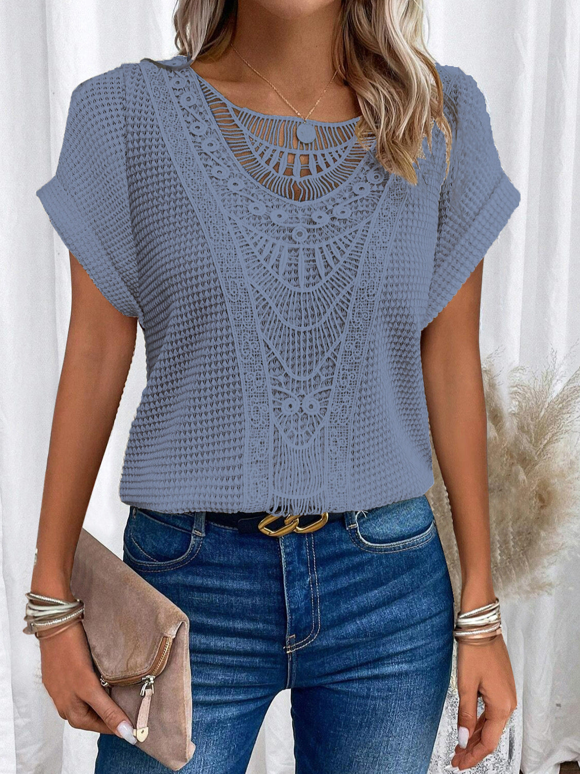 Women's Hollow Out Short Sleeve Top – Ethnic Style Summer Tee