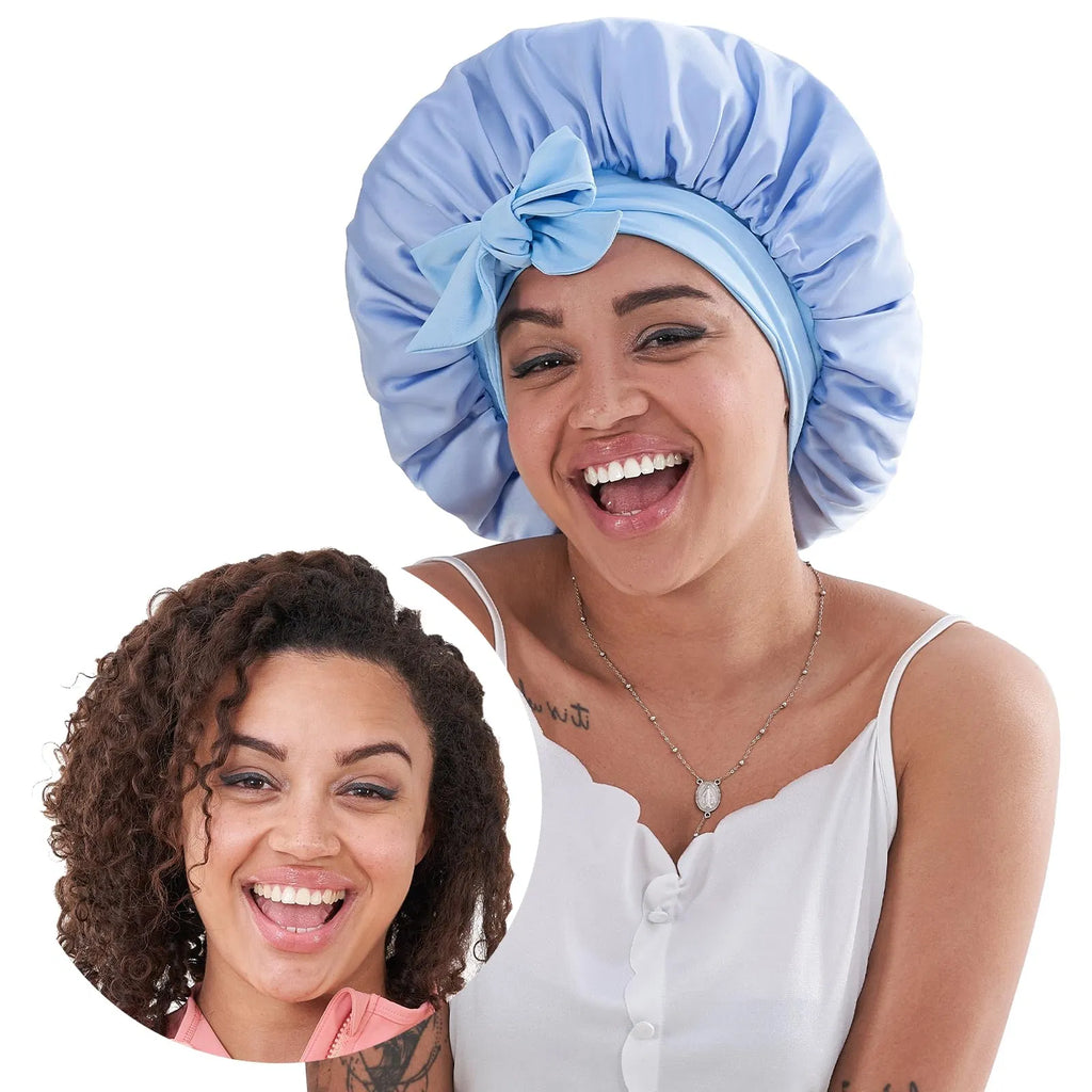 Seidenhaube zum Schlafen für Damen, Satin-Haube zum Schlafen für gewelltes, lockiges Naturhaar, Damen und Herren – Blau