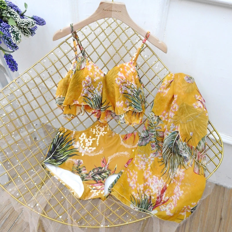 Floral Couple Swimwear Set | Women's Push-Up One-Piece & Men's Beach Shorts – Pink & Yellow