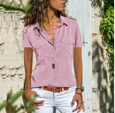 Women's Lapel Short Sleeve Loose Shirt Denim  – AdriaPulse