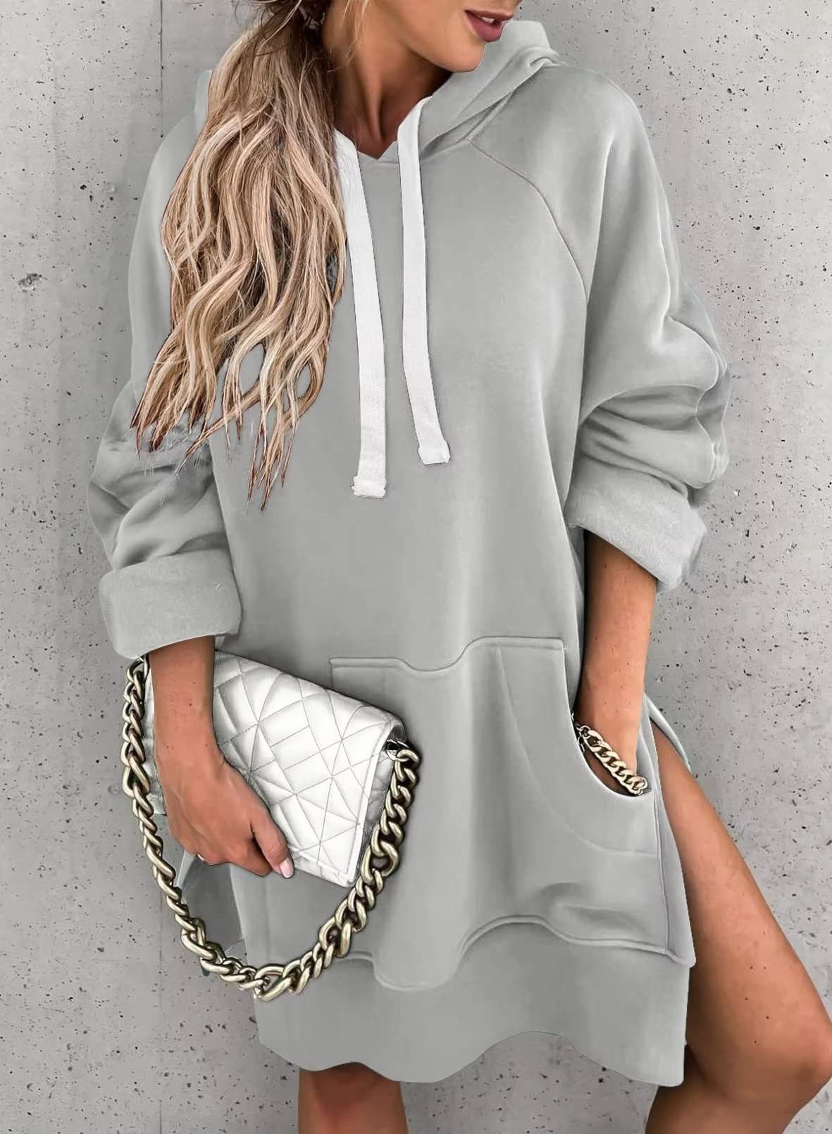 Damen Kapuzenpullover mit Taschen Mode Lässiger Split Mittellanger Pullover Kordelzug Oberteile