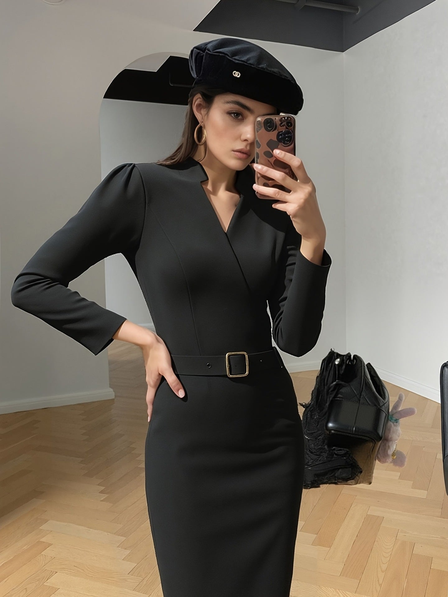 Schmal geschnittenes Freizeitanzugkleid V-Ausschnitt Langarmkleider Pendler-Bürokleidung für Damen