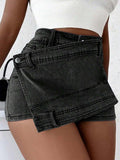 Damen Grunge Denim Skorts – Asymmetrischer Saum A-Linie Wickelrock