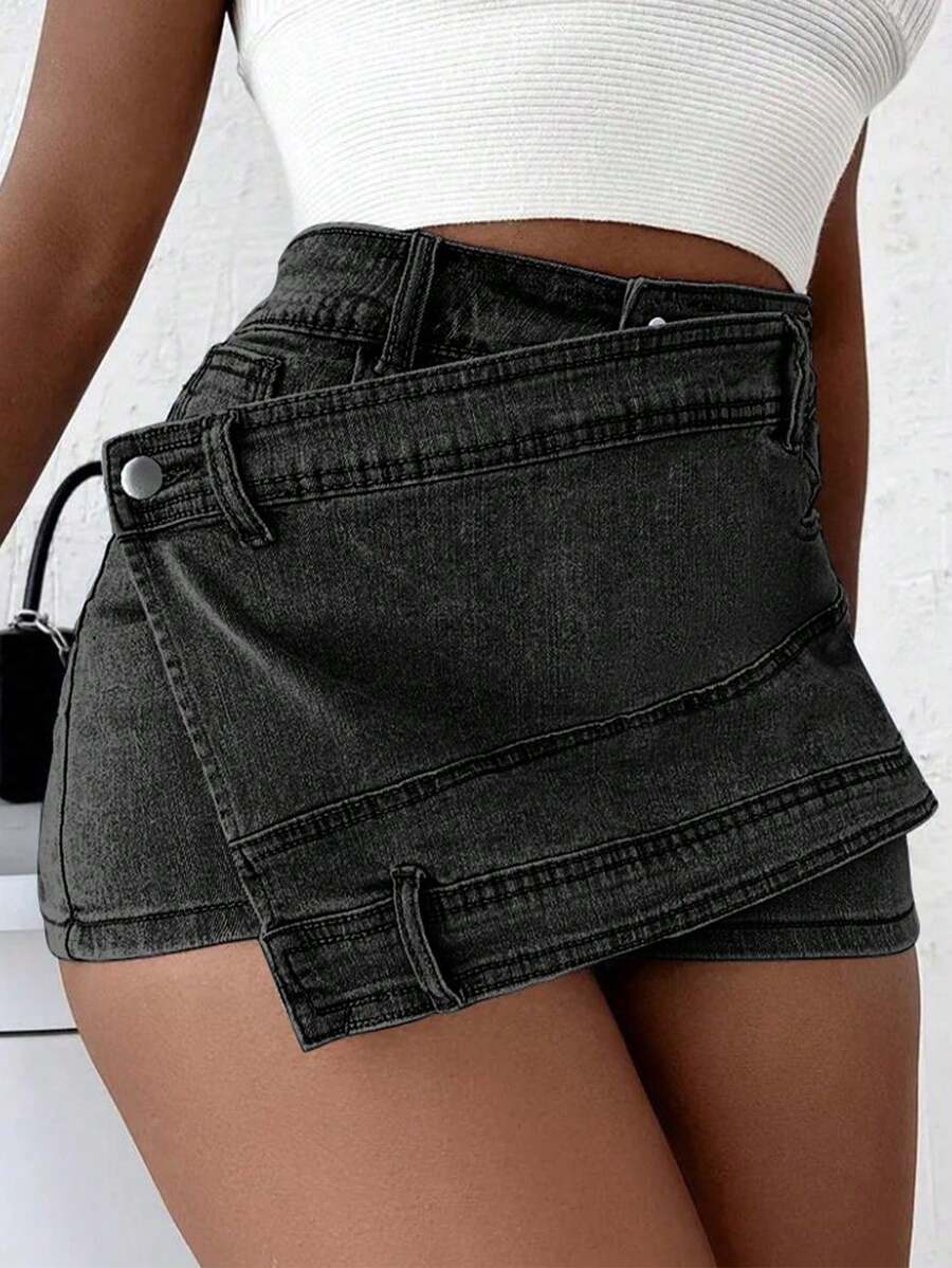 Damen Grunge Denim Skorts – Asymmetrischer Saum A-Linie Wickelrock