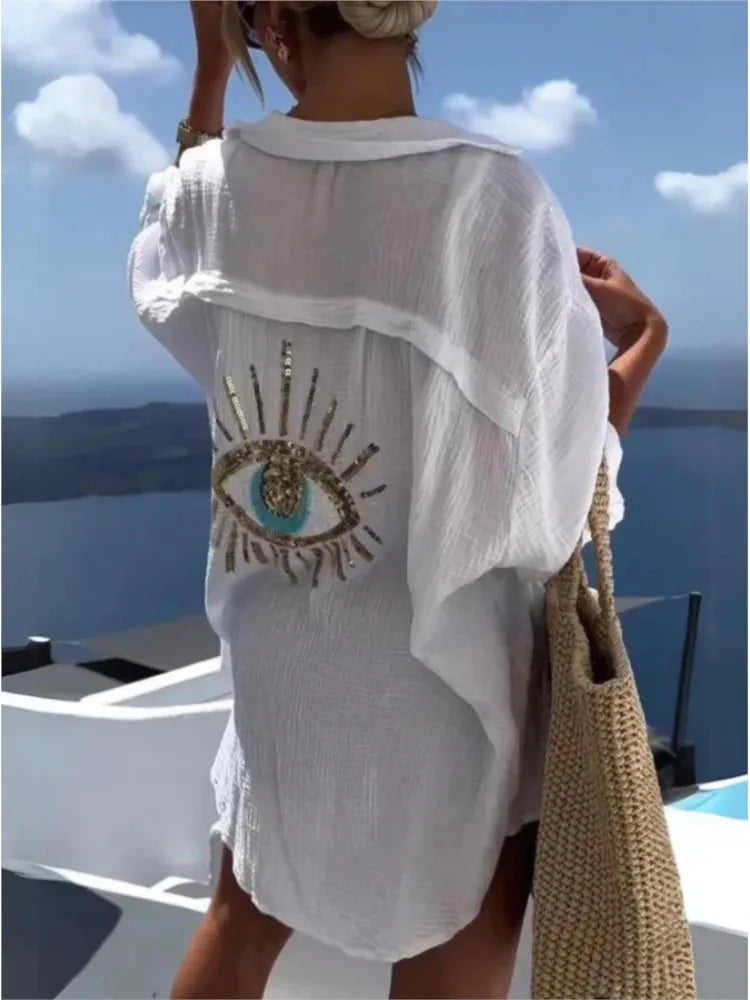 Frühling Sommer Mode Pailletten Augen Hemdblusenkleider 2024 Damen Casual Strand Stil Loose Button Sonnenschutz Hemdkleid