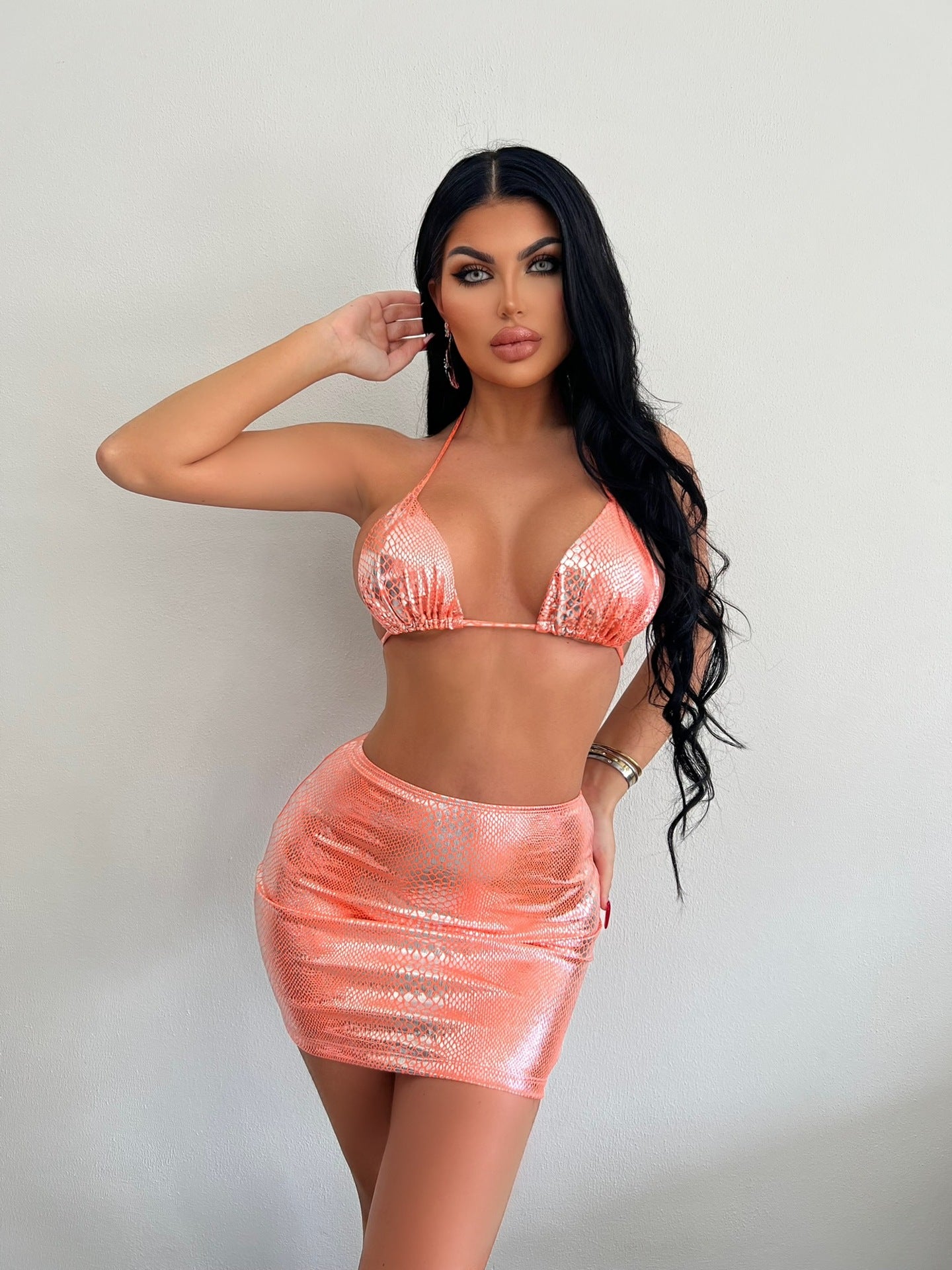 Women's 3-Piece Halter Bikini Set with Cover-Up Skirt – 8 Colors, S–XL