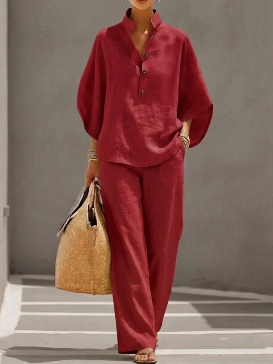 Women's Short Sleeve Top & Straight-Leg Trousers Two-Piece Suit – Casual Linen-Look Co-Ord Set