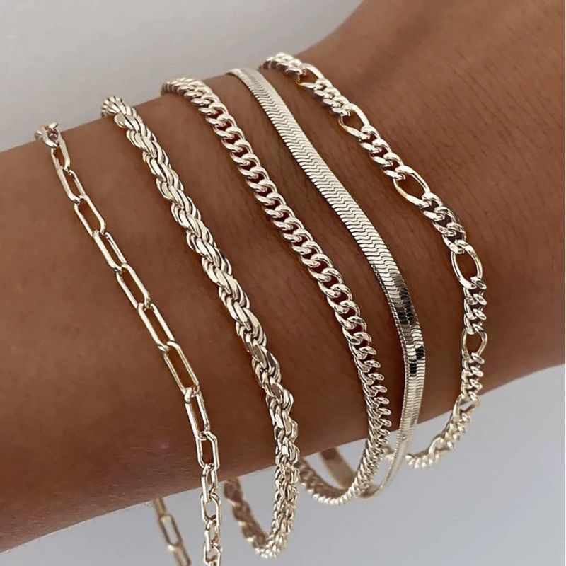 Women's 14K Silver Plated Dainty Bracelet Set – 5pcs Adjustable Stackable Bracelets
