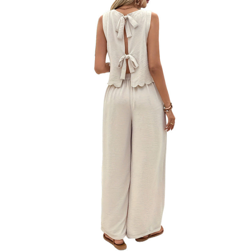 Damen Ärmelloses Weste mit Spitzenbesatz & Weite-Bein-Hose Set – Sommer-Zweiteiler