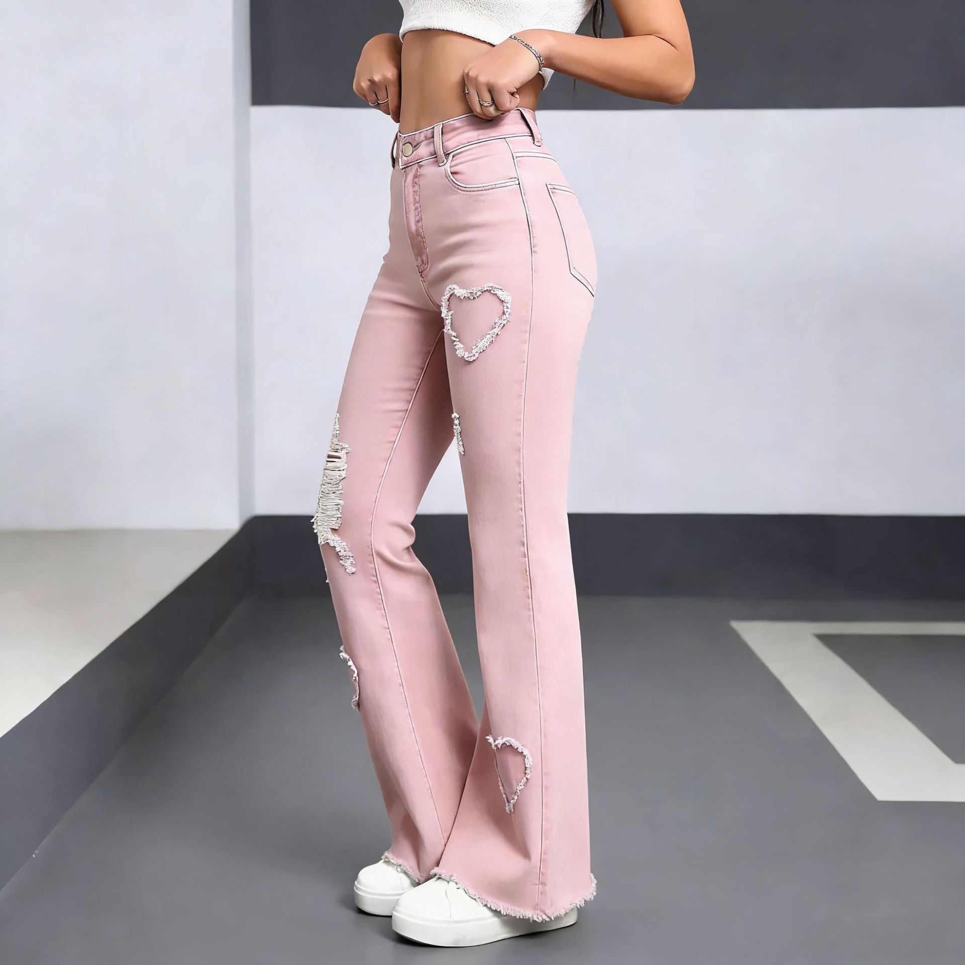 Women's Embroidered Ripped Flared Denim Jeans High Waist in Dark Blue – AdriaPulse