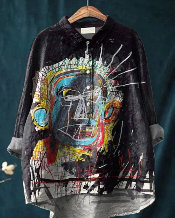 Casual Graffiti Print V-neck Single-button Long-sleeved Shirt