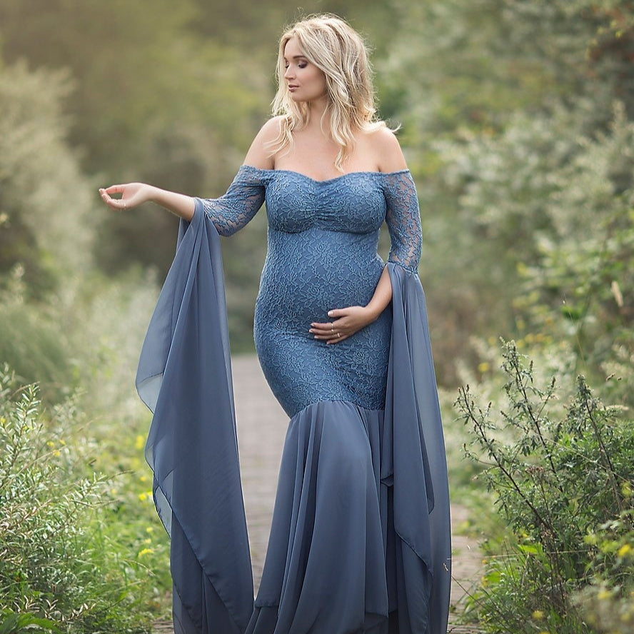 Maxikleid mit langen Ärmeln, Rüschen und Spitze | Hoch tailliertes, fließendes Kleid – Damen
