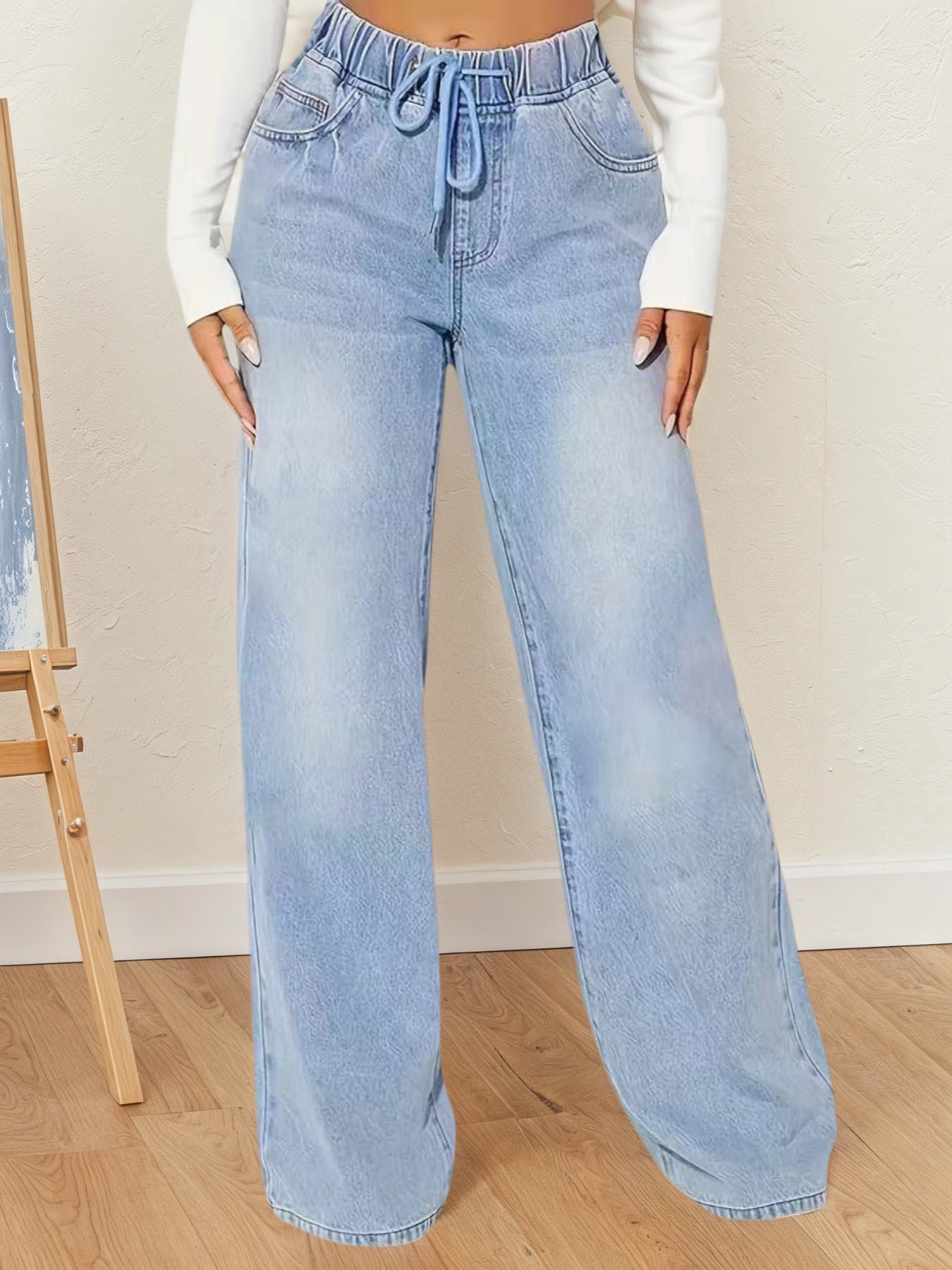 Pantalon en jean taille haute à cordon de serrage pour femme – Coupe ample jambes larges