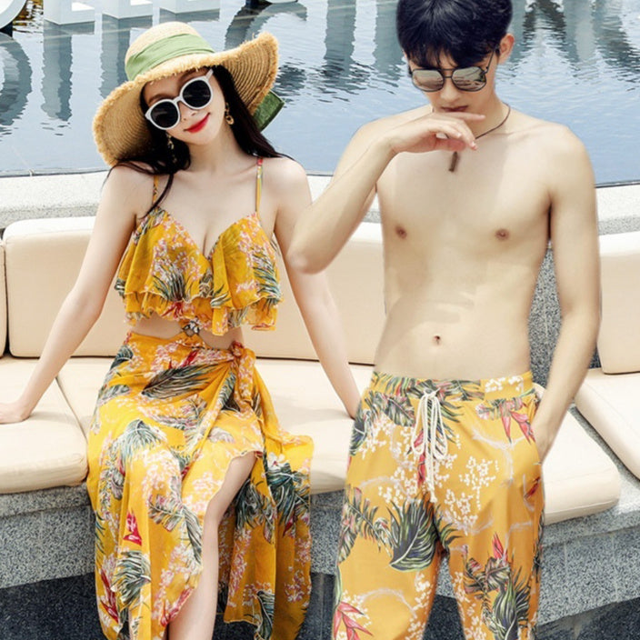 Floral Couple Swimwear Set | Women's Push-Up One-Piece & Men's Beach Shorts – Pink & Yellow