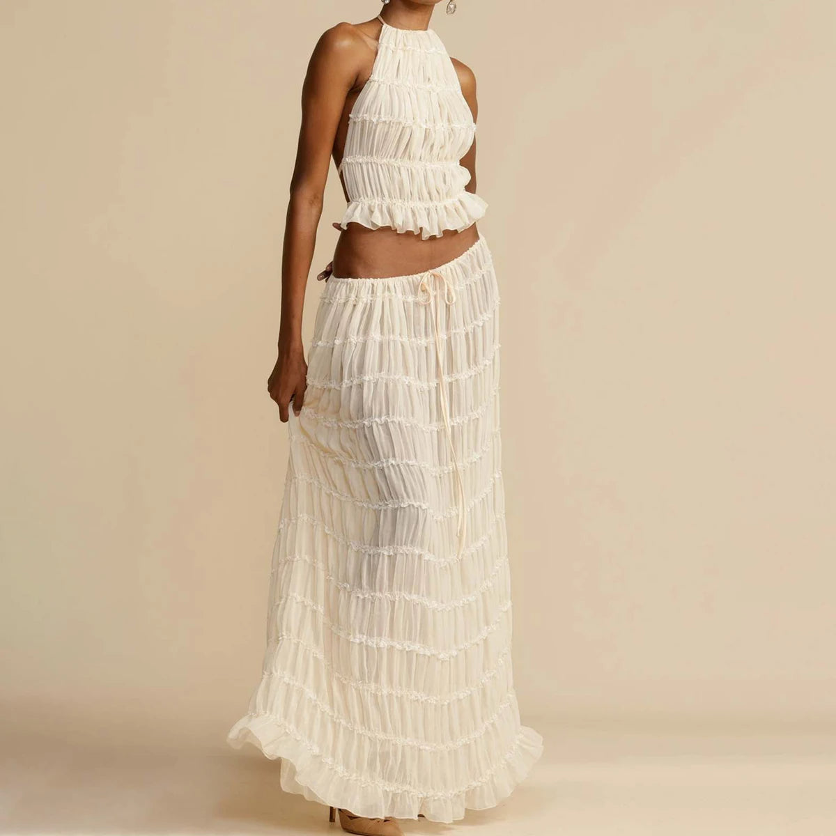 Women's Halter Crop Top & Pleated Maxi Skirt Set – Sexy Backless 2-Piece Beach Dress Suit