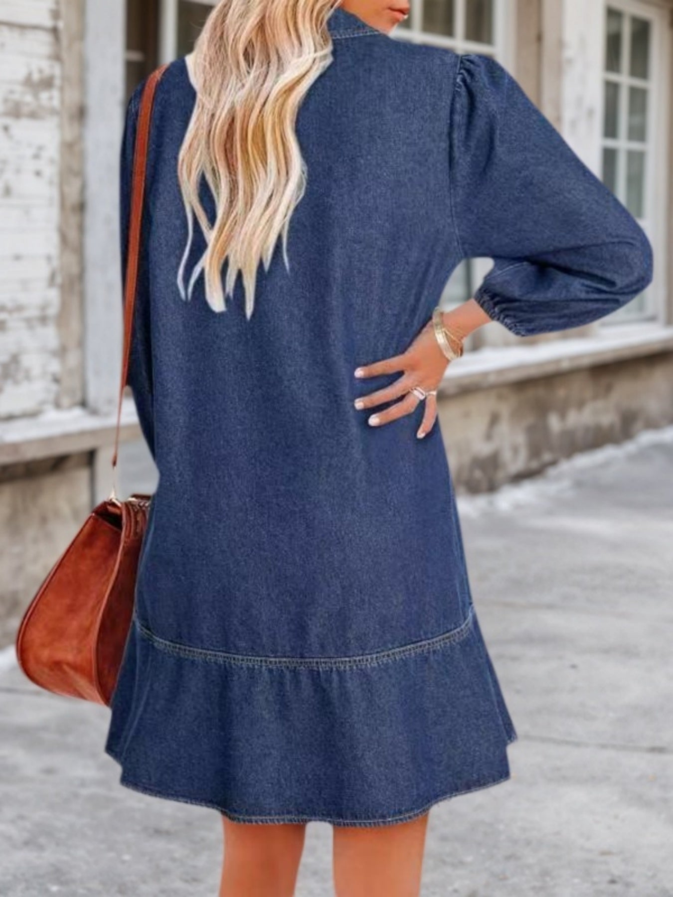 Women's V-Neck Puff Sleeve Denim Doll Dress Three-Quarter Length – AdriaPulse