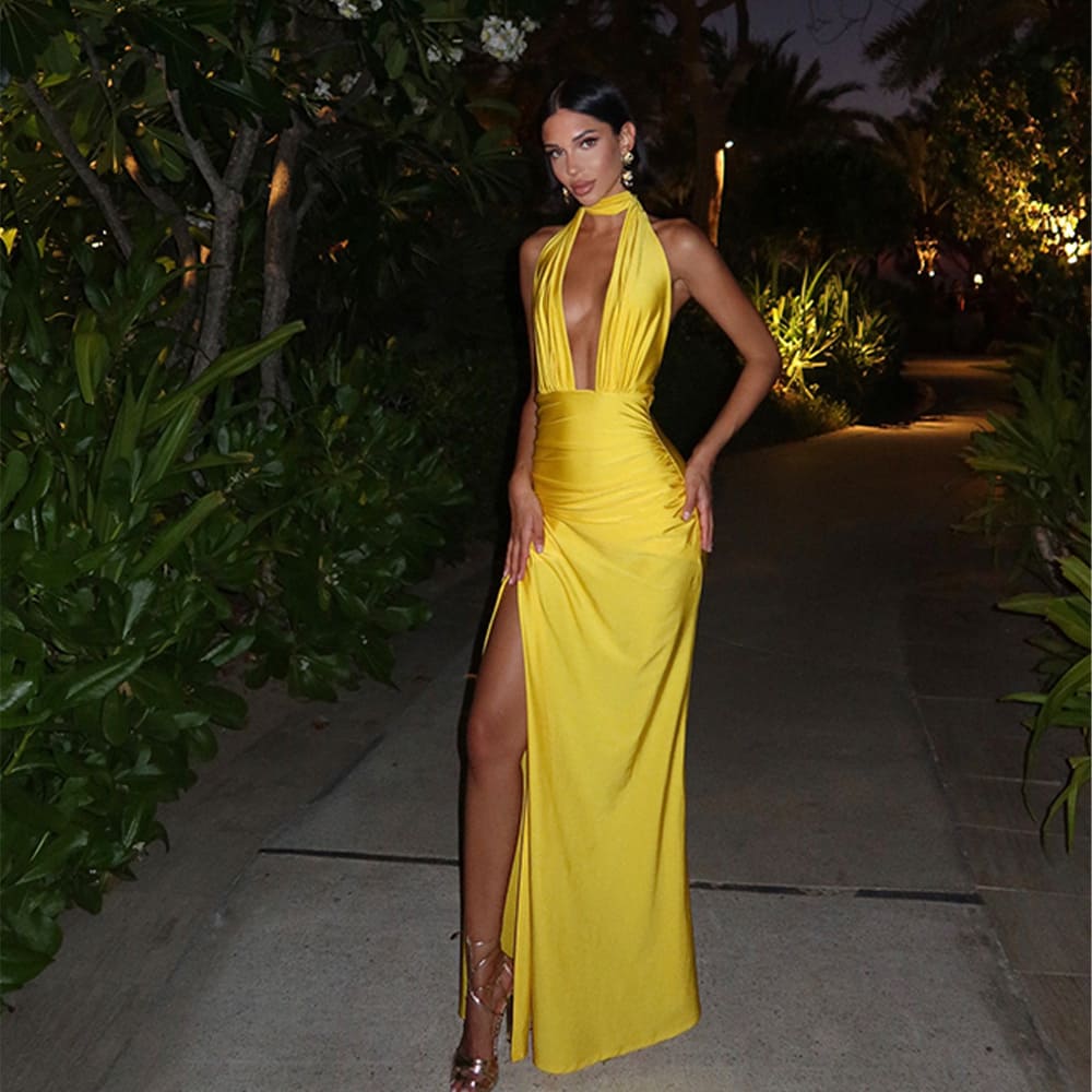 Women's Halter Backless Satin Maxi Dress Elegant Evening Dress Black Front View – AdriaPulse