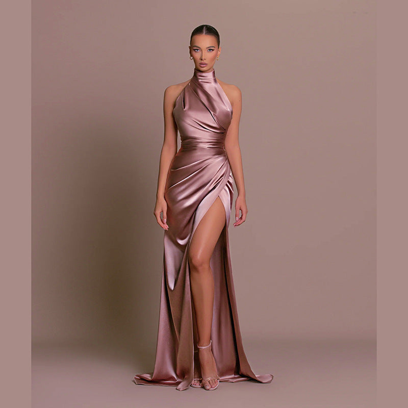 Women's Halter Neck Slit Maxi Dress Black Front View – AdriaPulse