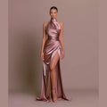 Women's Halter Neck Slit Maxi Dress Black Front View – AdriaPulse