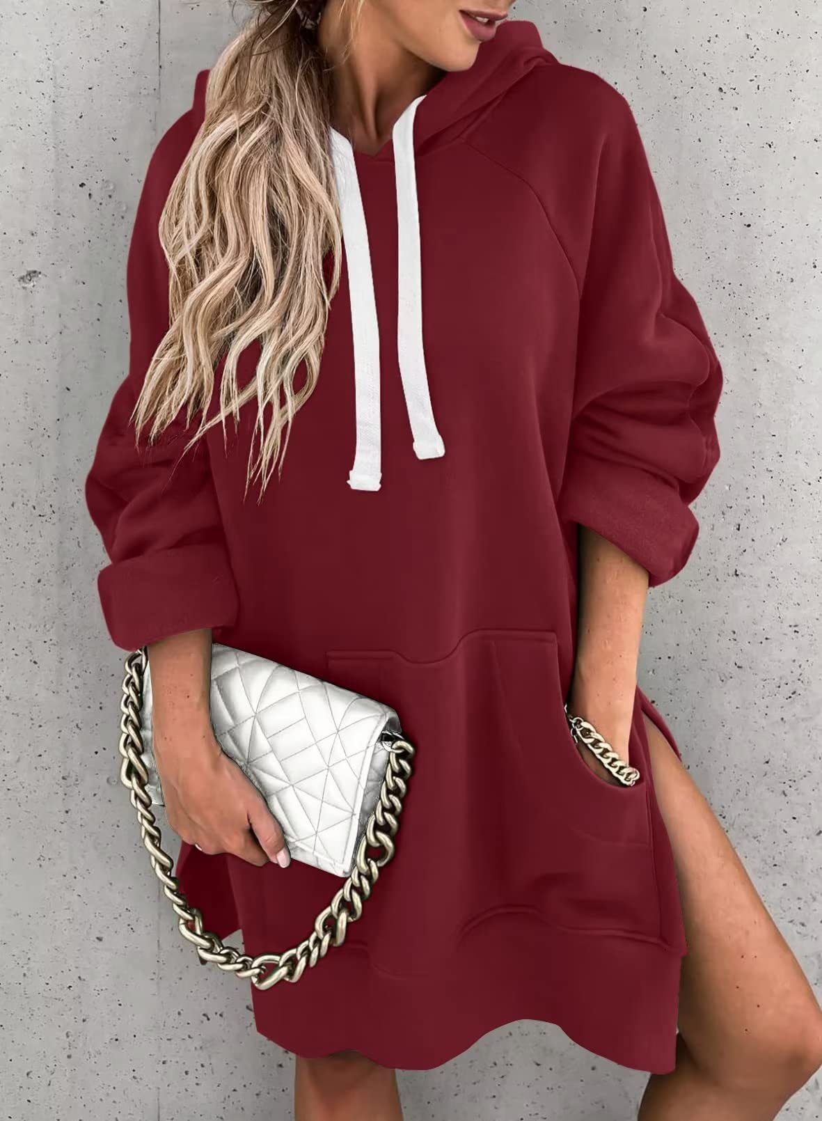 Damen Kapuzenpullover mit Taschen Mode Lässiger Split Mittellanger Pullover Kordelzug Oberteile