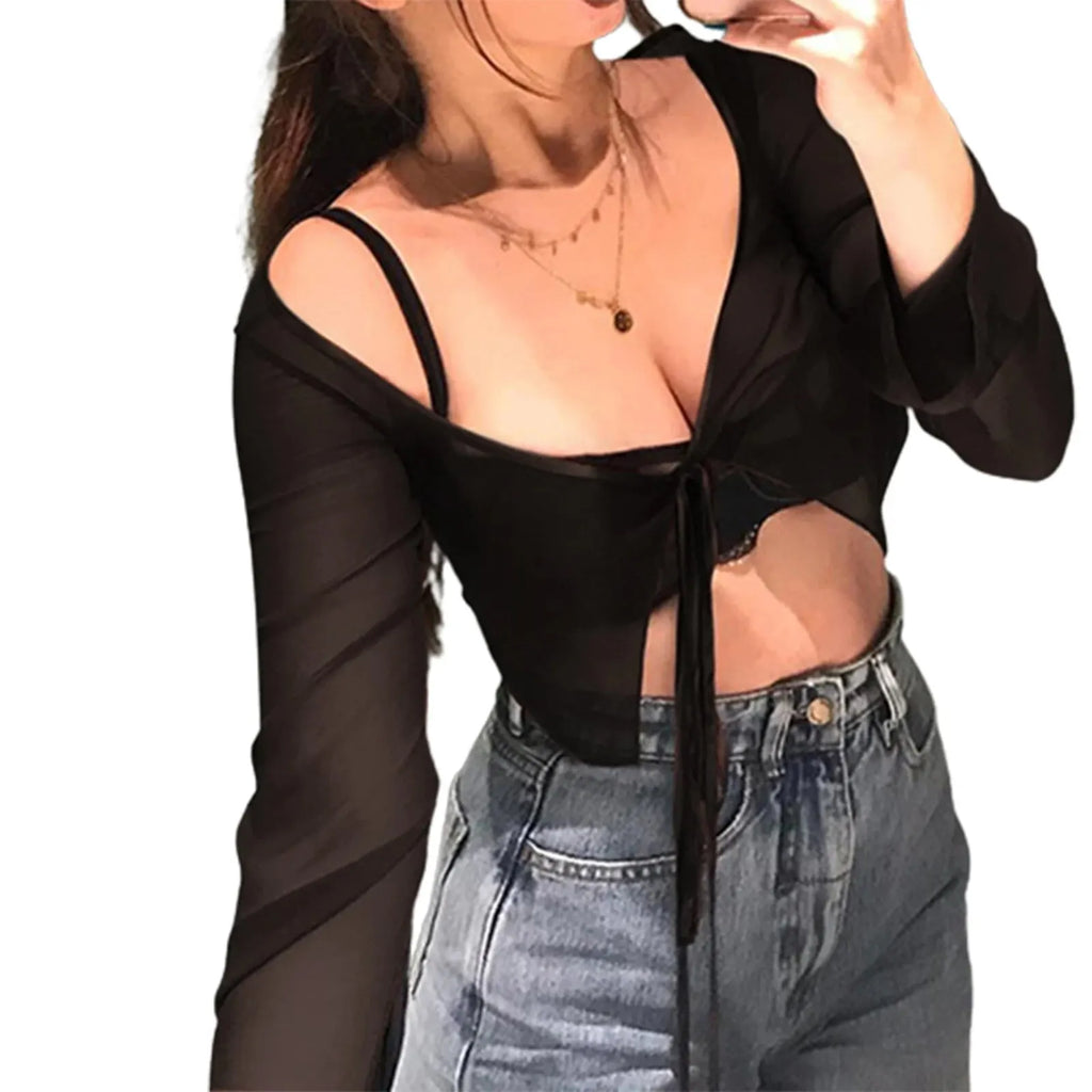 Damen Crop Tops Langarm Durchsichtig Einfarbig Zum Binden Cardigan Mesh Transparent T-Shirt Sexy Sommer Streetwear