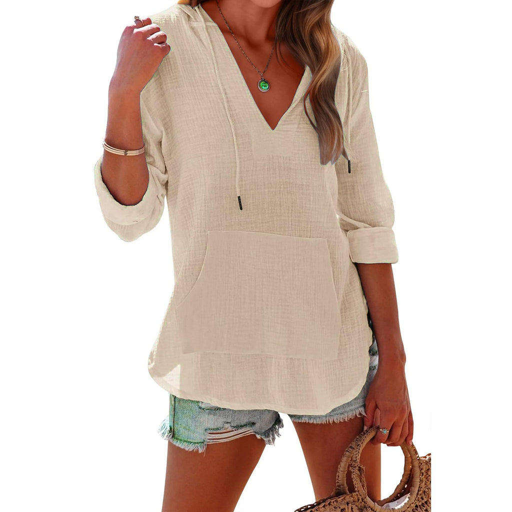 T-shirt à capuche à manches longues et col en V pour femme avec poches – Haut ample en coton