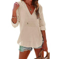 T-shirt à capuche à manches longues et col en V pour femme avec poches – Haut ample en coton