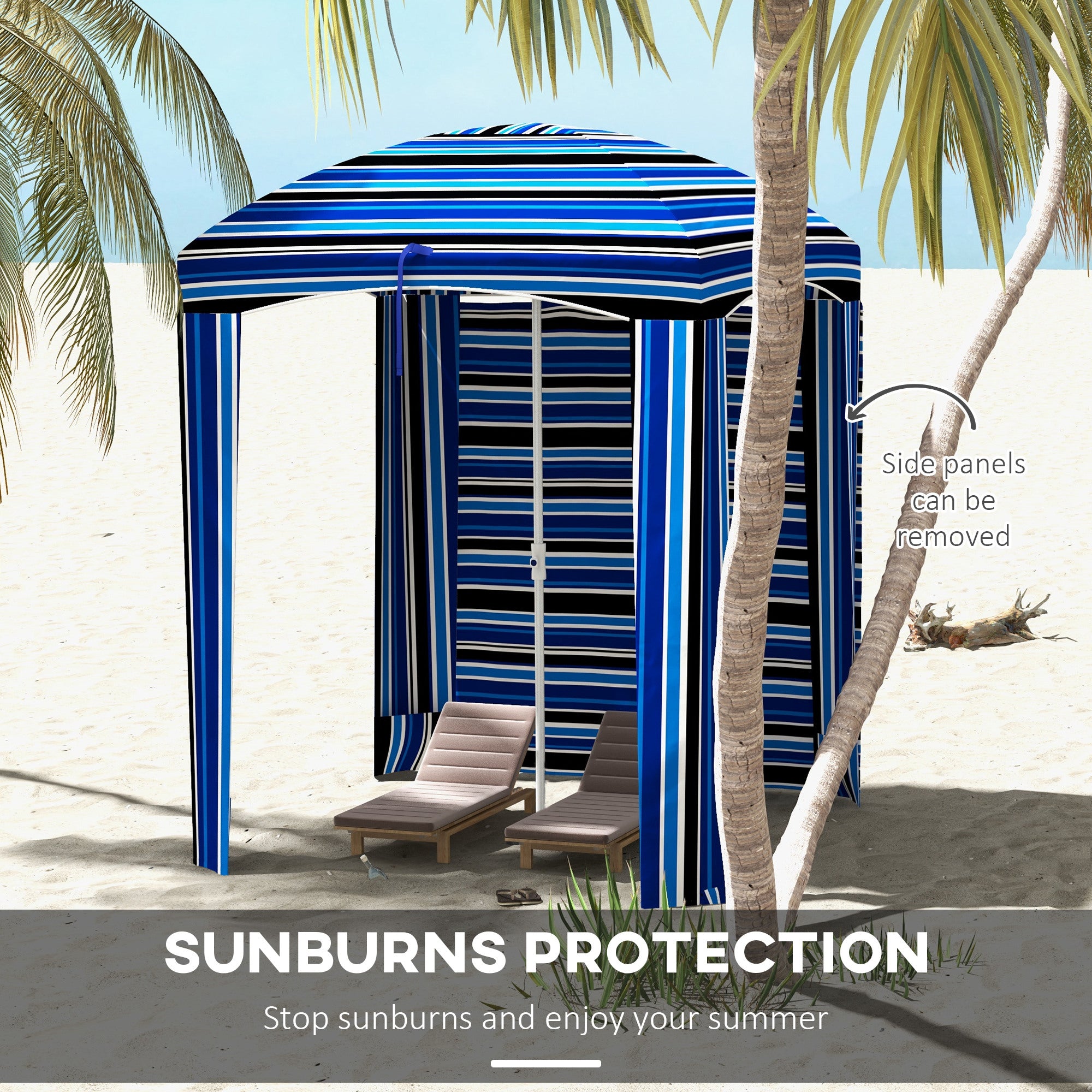 5.8' x 5.8' Cabana Umbrella with Walls, Vents, Ruffles, Carry Bag, Beach Umbrella, Blue Stripe