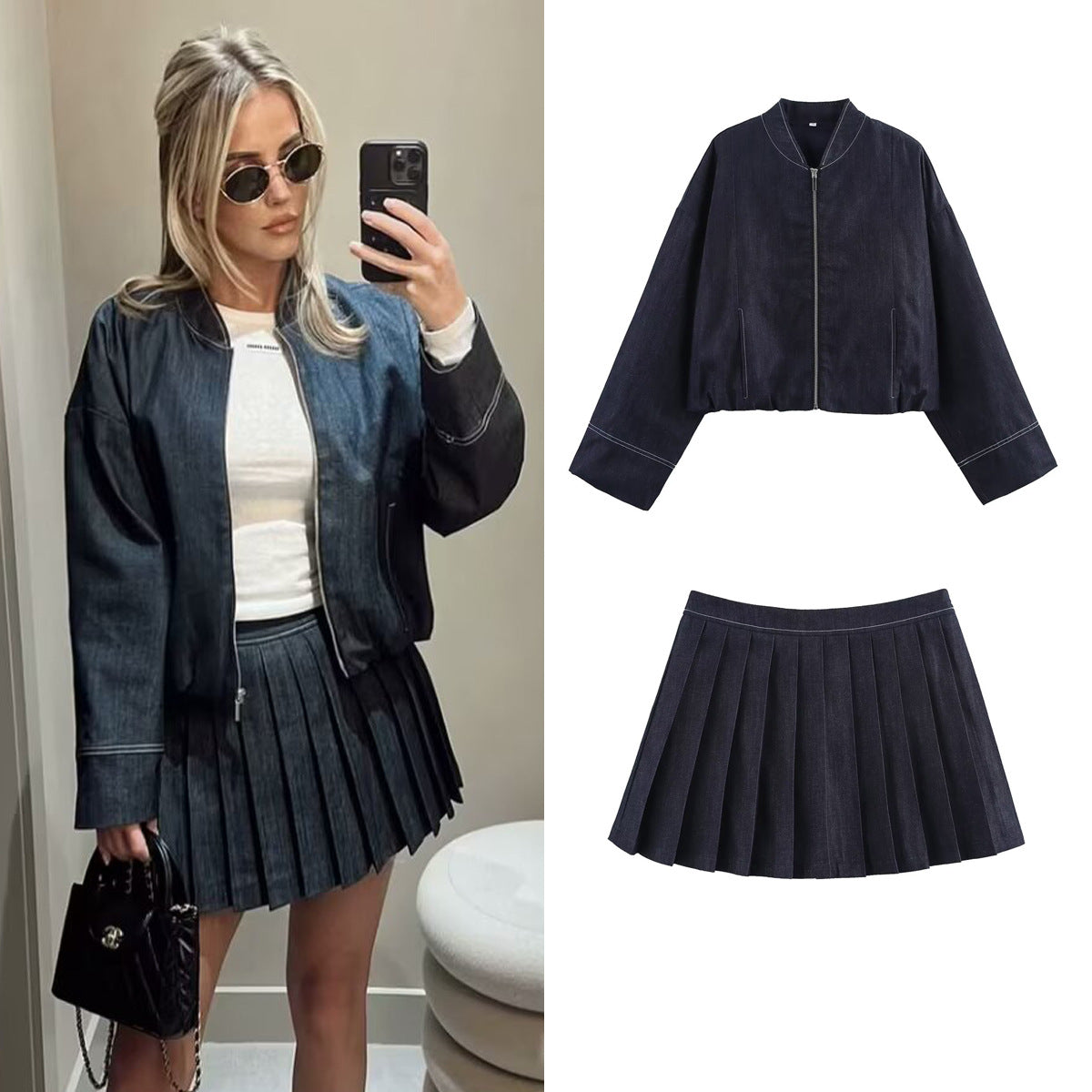 Denim Pilot Jacket Wide Pleated Skirted Leggings Set Culottes | AdriaPulse