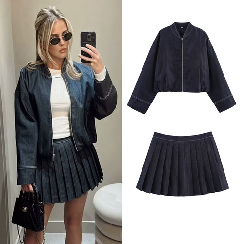 Denim Pilot Jacket Wide Pleated Skirted Leggings Set Culottes | AdriaPulse