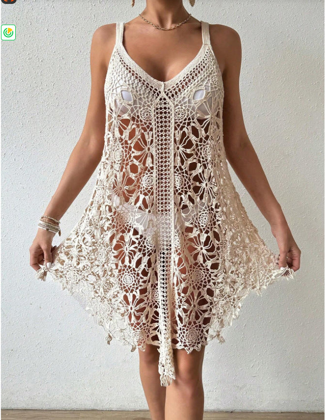 Women's Crochet Hollow-Out Beach Cover-Up Dress White – AdriaPulse

