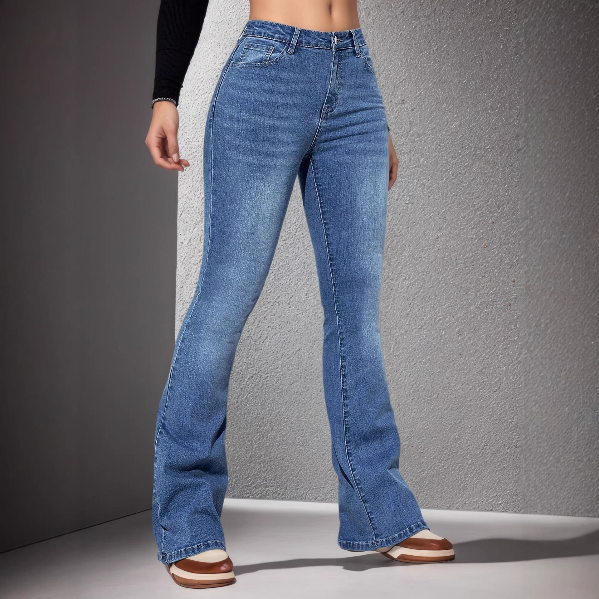 Women's Stretch Flared Denim Jeans High Rise Ice Washed in Sapphire Blue – AdriaPulse