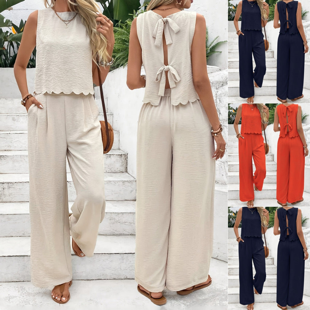 Damen Ärmelloses Weste mit Spitzenbesatz & Weite-Bein-Hose Set – Sommer-Zweiteiler