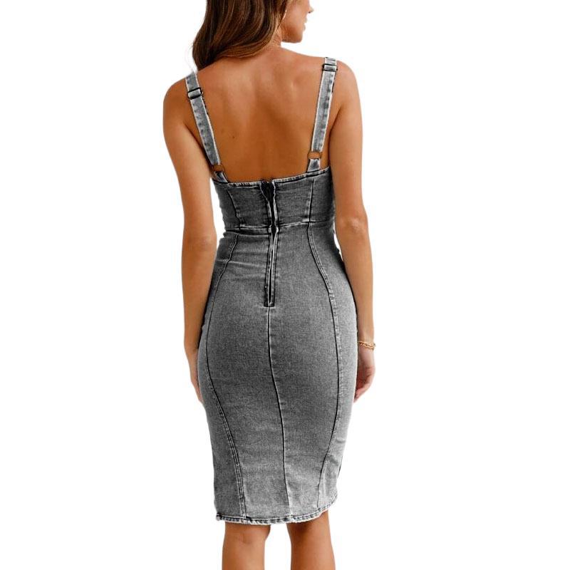 Women's Sling Split Stretch Denim Dress Irregular Midi Dress Black Front View – AdriaPulse