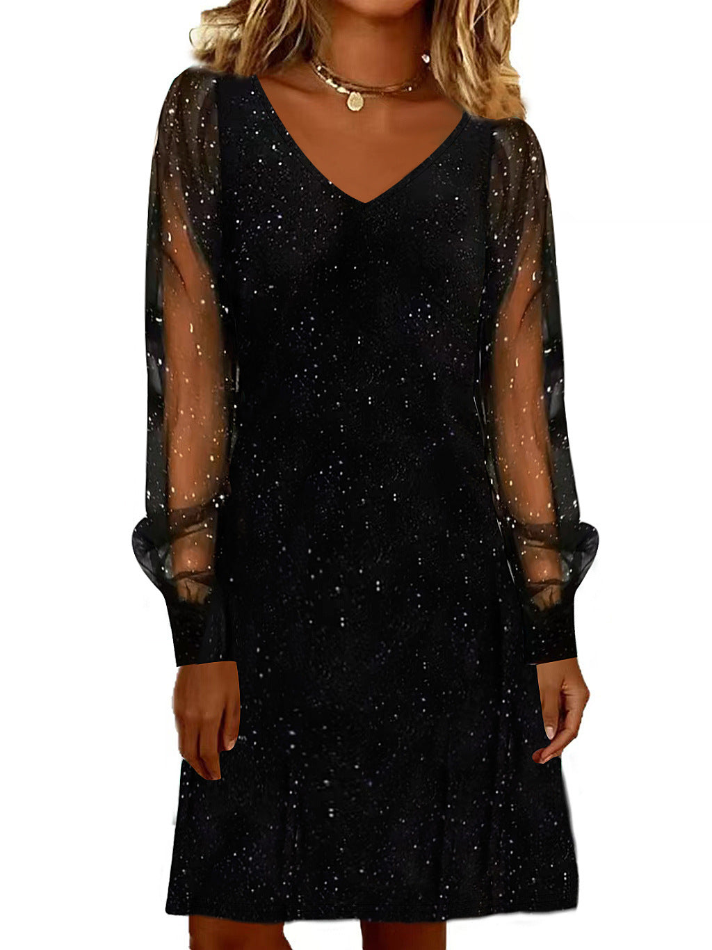 V-Neck Mesh Sleeve Mini Dress | Women's Shiny Party Dress – Autumn Winter Evening