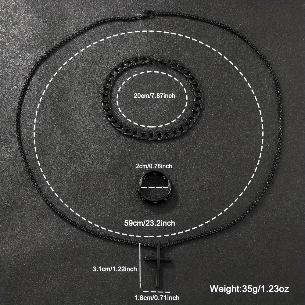 Herren 3-teiliges Mode-Schmuckset aus Legierung – Kreuz-Anhänger Halskette, Armband & Ring Kombination