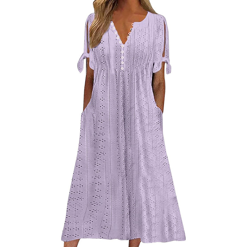 Women's Eyelet V-Neck Maxi Dress – Short Sleeve Flowy A-Line Summer Beach Dress